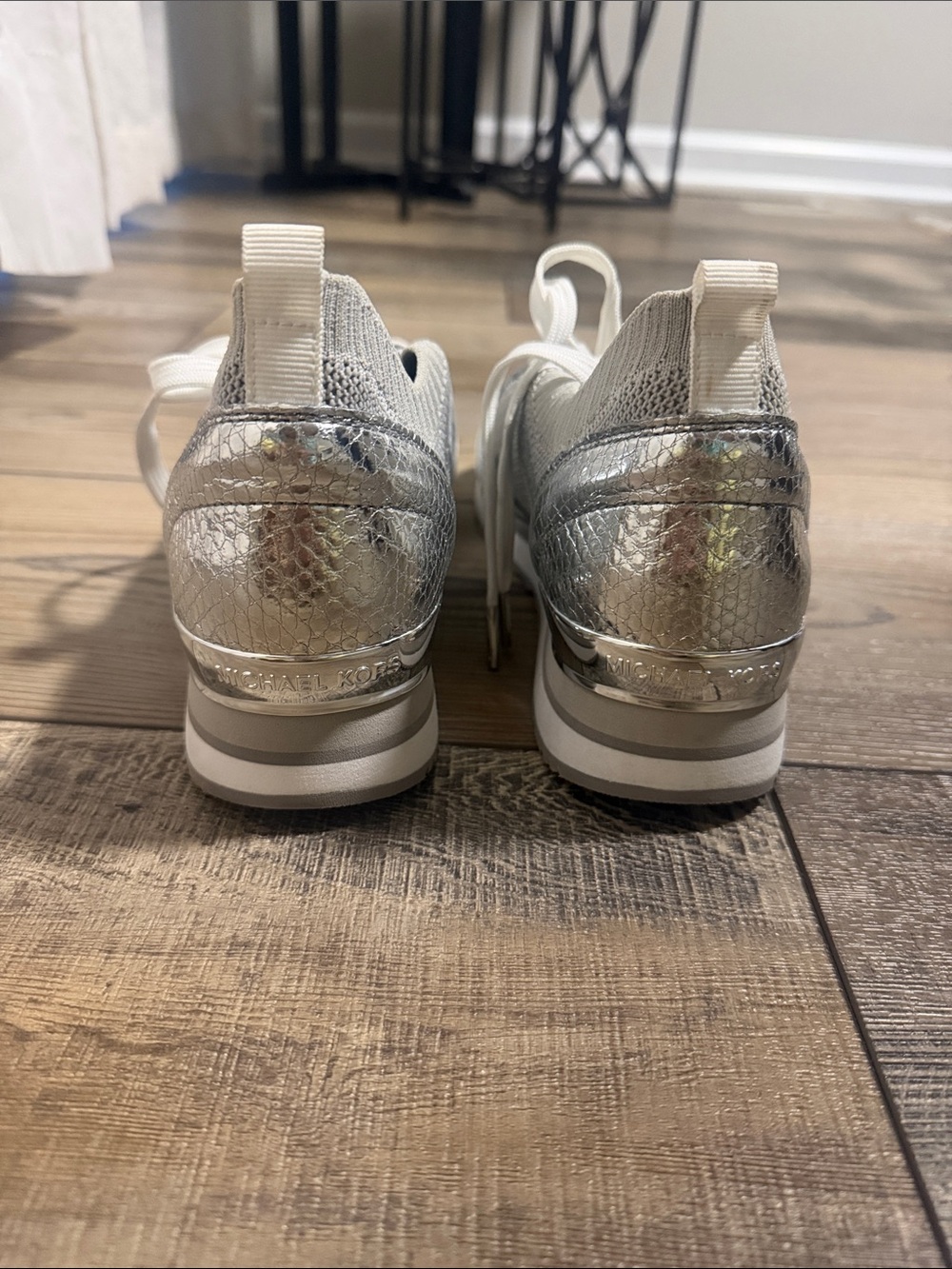 Michael Kors White and Gray Knit Lace-Up Sneakers with Metallic Accent - Picture 2 of 7